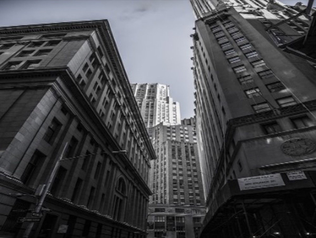 Financial district towers seen from street level